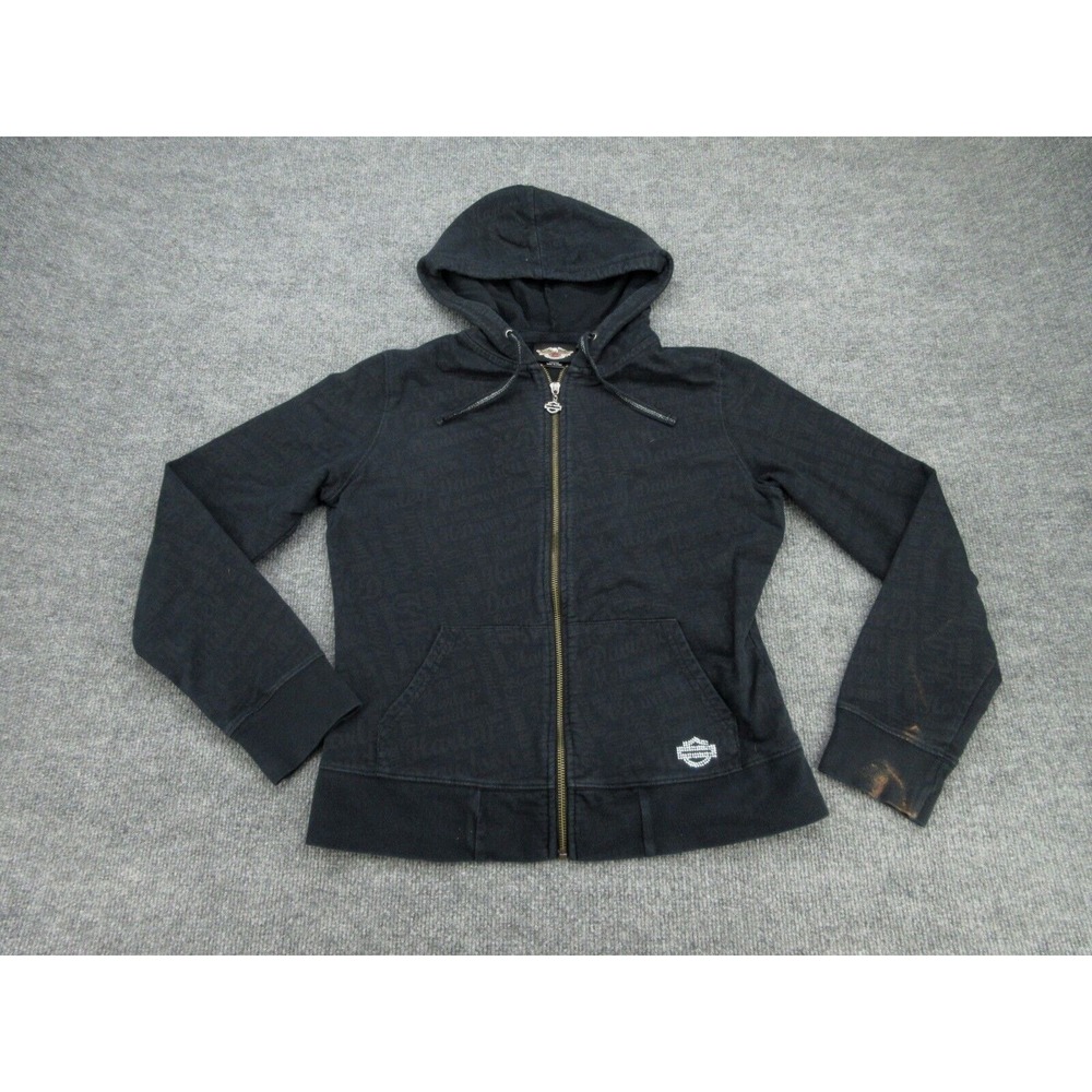 Harley Davidson Womens Hoodie Regular Black Rhinestone Logo Zip Up M